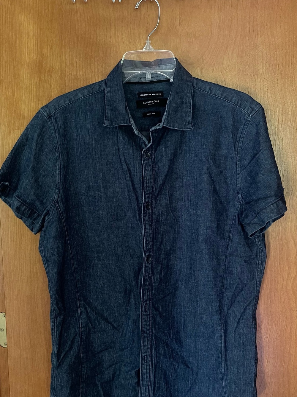 Kenneth Cole Dark Blue Short-Sleeve Denim Button-Up Shirt